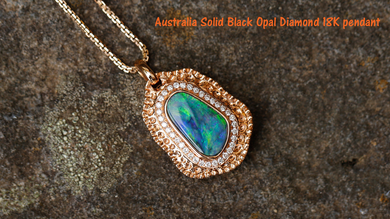 Load video: Australia black opal 18K gold with diamond pendant